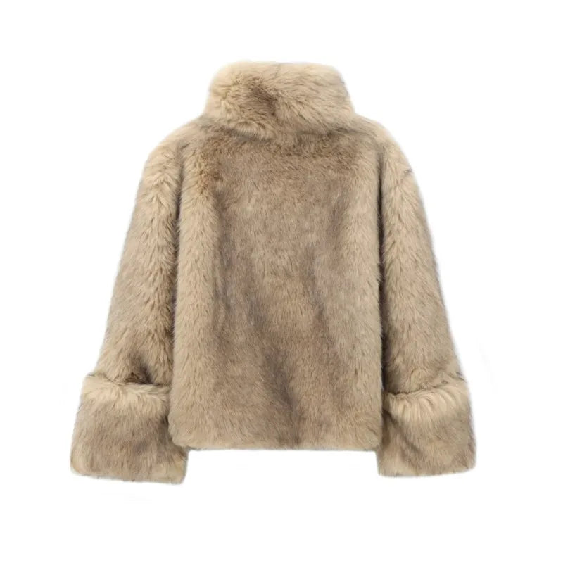 Women’s Artificial Fur Effect Hoodie – Soft Vintage Loose Pullover for Autumn