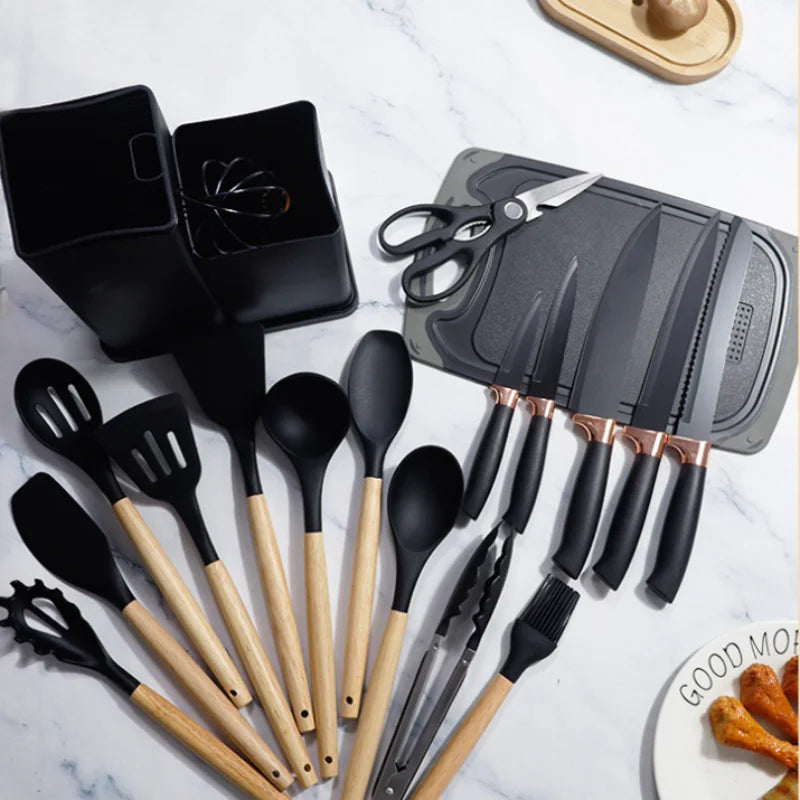 Silicone kitchenware set,19 piece non stick cooking pot with wooden handle spoon,multifunctional integrated knife storage bucket