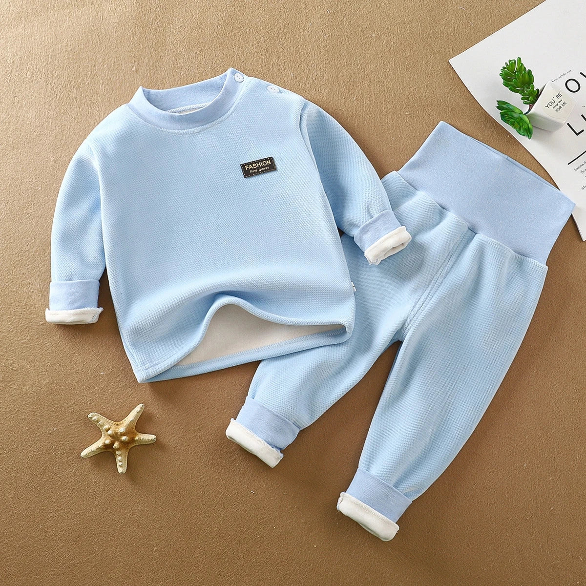 Warm underwear set for autumn and winter babies, thickened high waist and belly protection