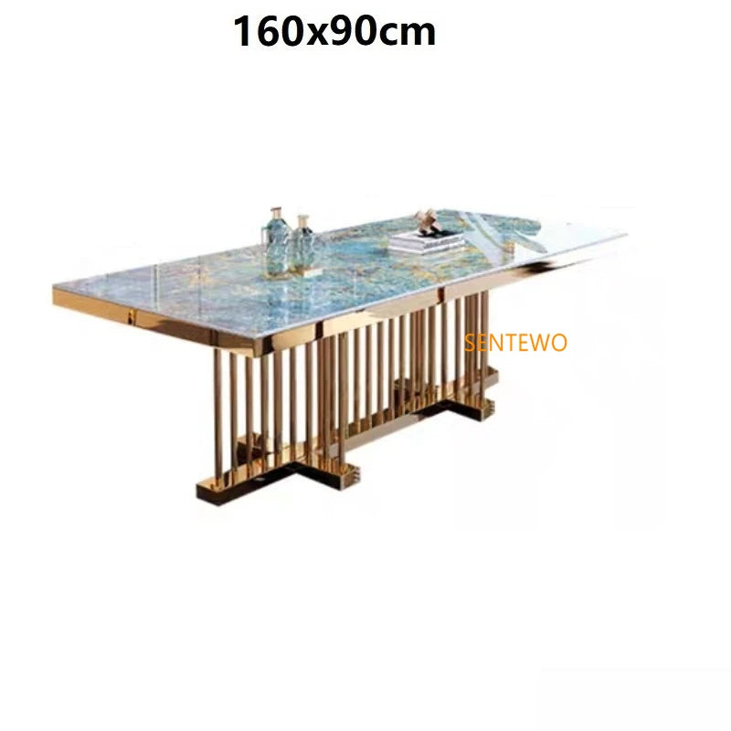 SENTEWO Free Shipping Italian Luxury Rock Slab Dining Table Set 4 Chairs Golden Frame Dinner Tables With Chair Kitchen Furniture