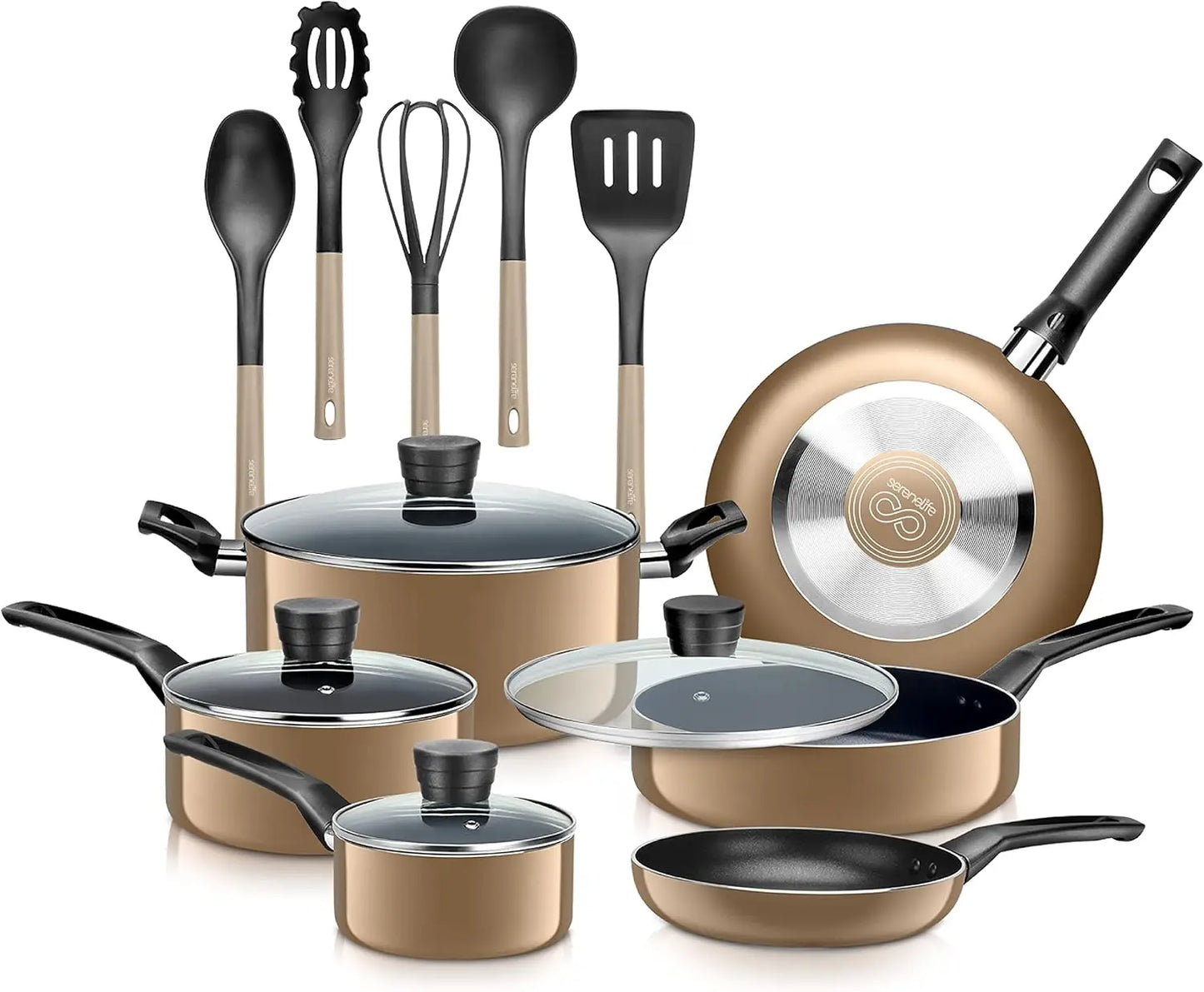 Kitchenware Pots & Pans Basic Kitchen Cookware, Black Non-Stick Coating Inside, Heat Resistant Lacquer (15-Piece Set)
