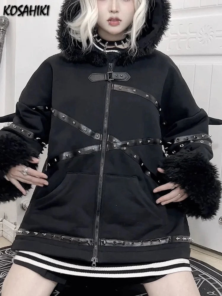 Vintage Gothic Rivet Patchwork Jacket – Women's Punk Grunge Demon Wing Hoodie Coat