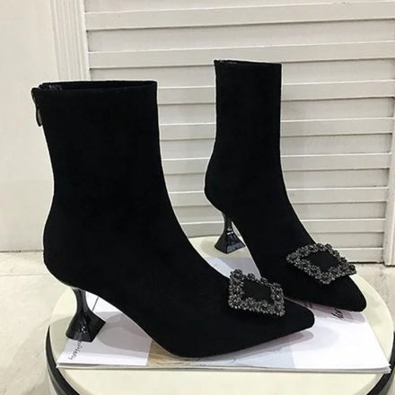 Pointed-Toe Heeled Ankle Boots — Flock Fashion Booties for Spring — view 1 of boots