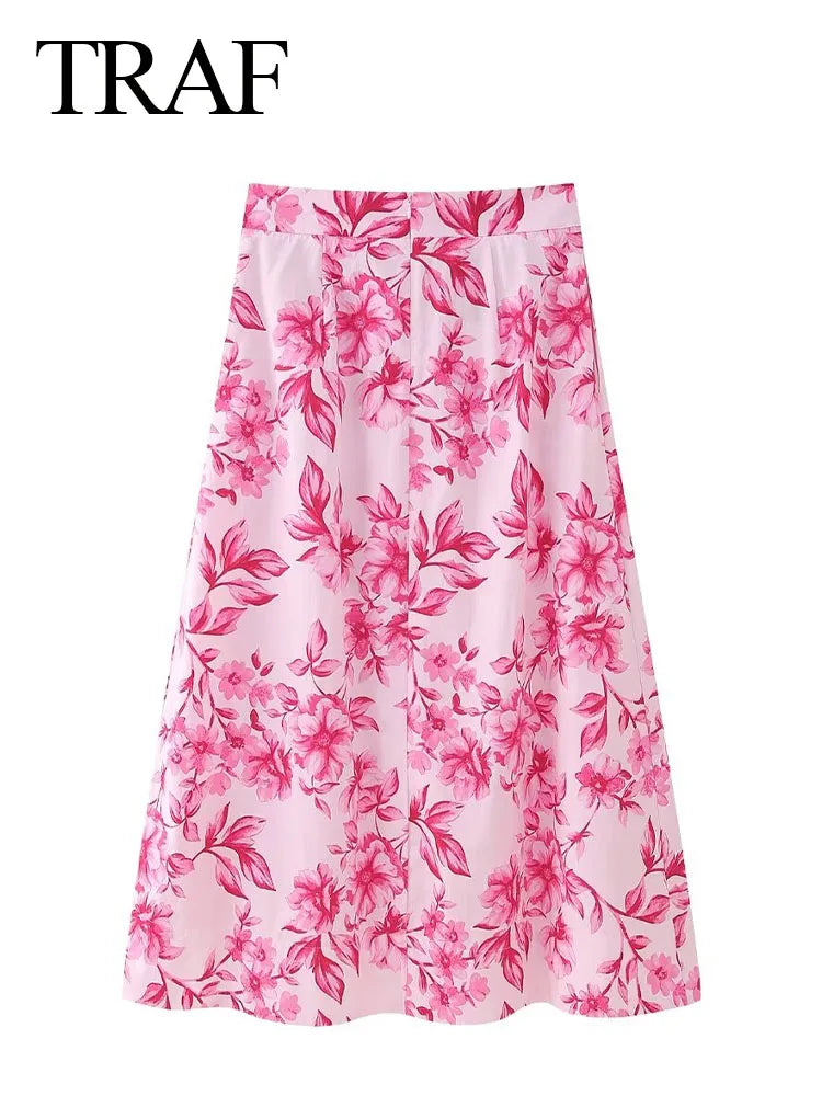 TRAF 2024 Woman Pink Floral Printed Casual Loose Skirt Women Chic A Line High Waist Long Skirt Y2K Streetwear For Beach Holiday