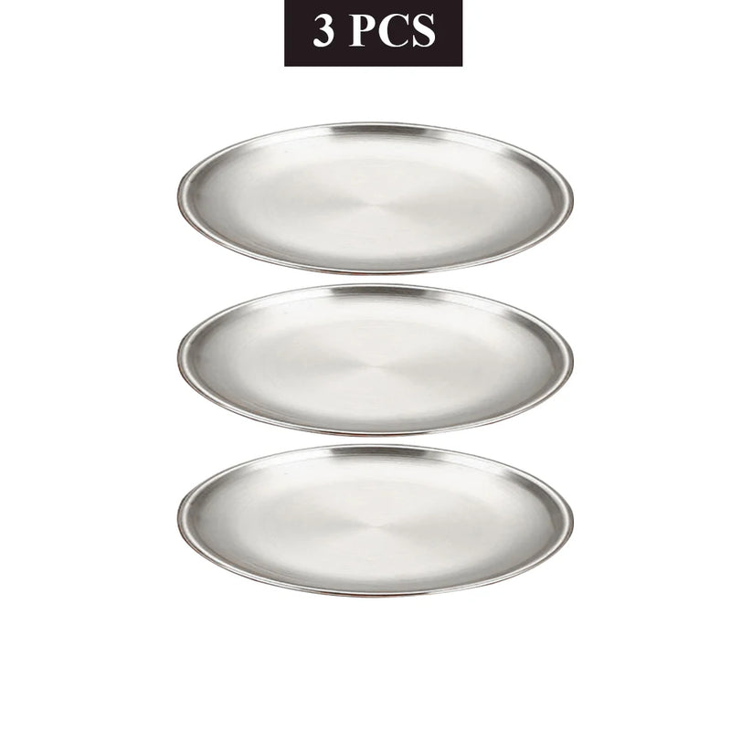 Stainless Steel Round Silver Tray Set — Rust-Proof Shallow Plates for BBQ, Picnic & Camping — view 1 of dining & tableware