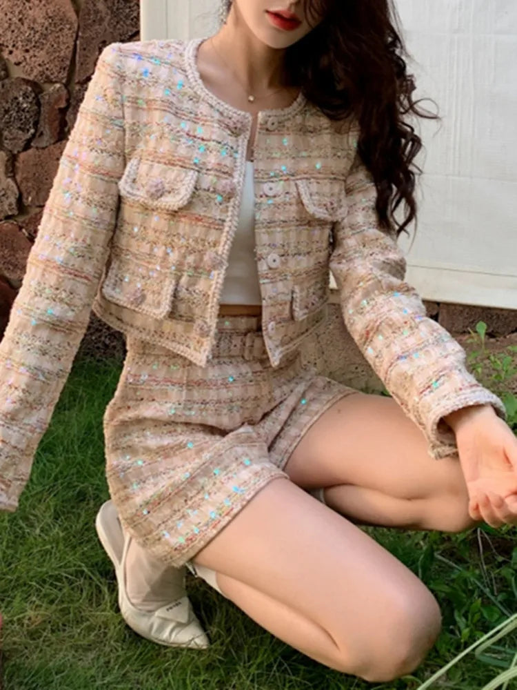 Female Tweed Shorts with Belt Autumn 2023 Women's Sequin High Waist Fashion Zipper Shorts