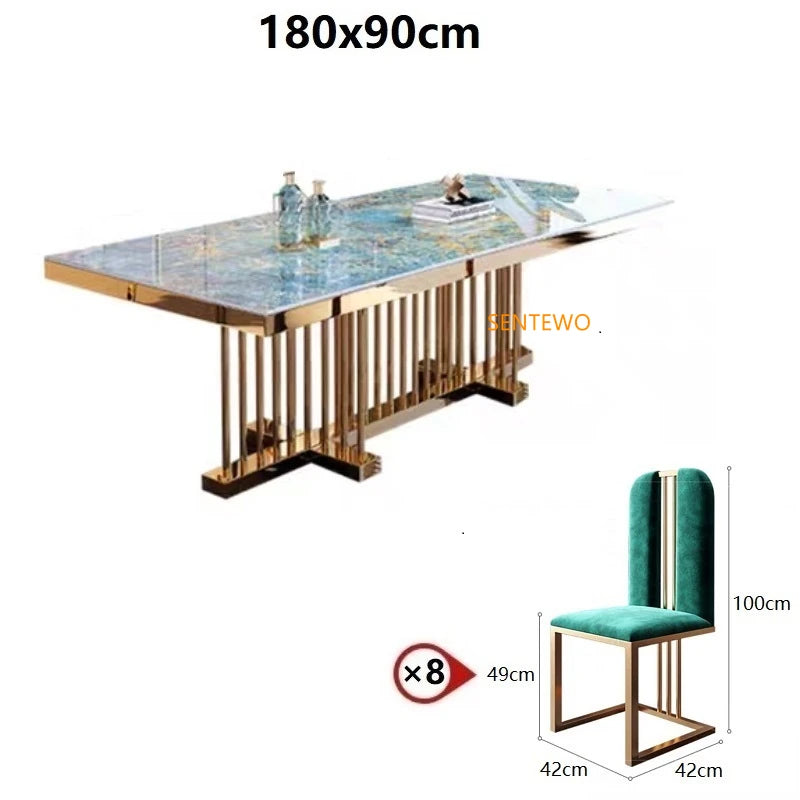 SENTEWO Free Shipping Italian Luxury Rock Slab Dining Table Set 4 Chairs Golden Frame Dinner Tables With Chair Kitchen Furniture