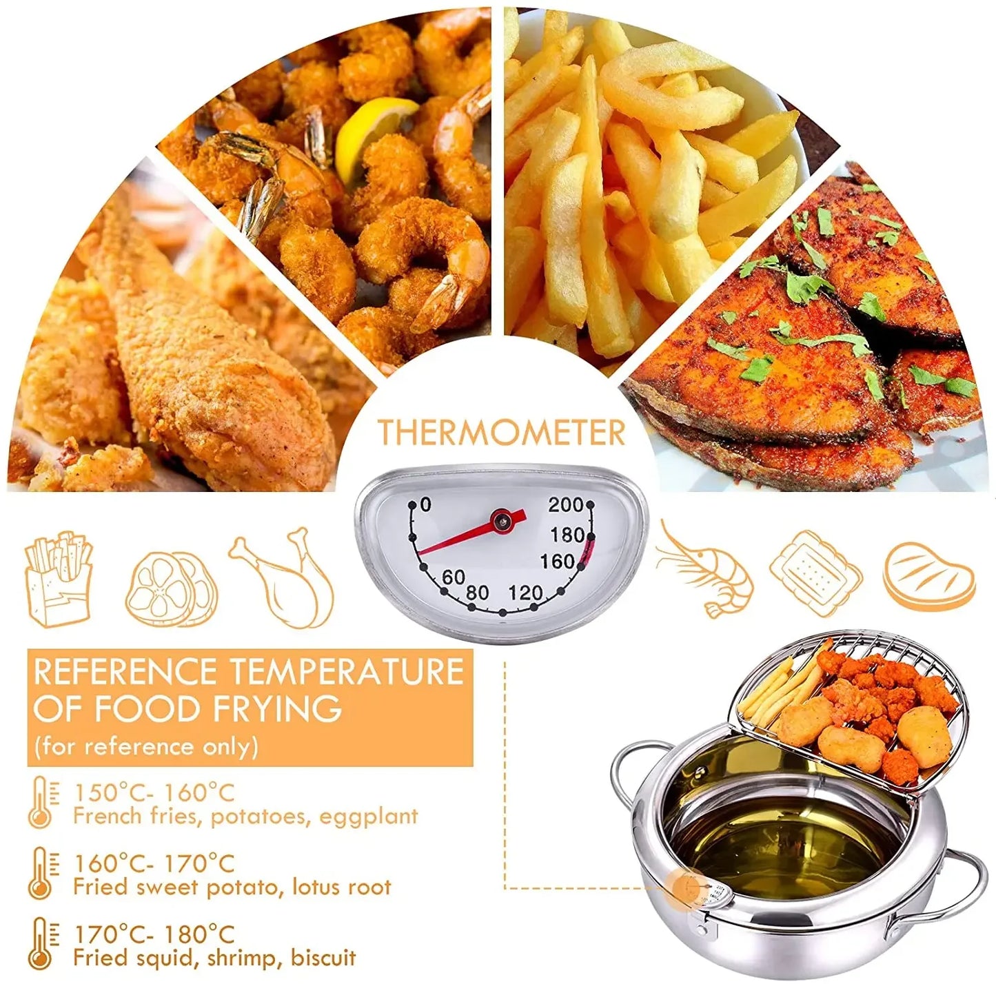 Japanese Style Deep Fryer Stainless Steel With Thermometer And Basket And Lid Kitchen Tempura Fry Pan Deep Fry Kitchenware
