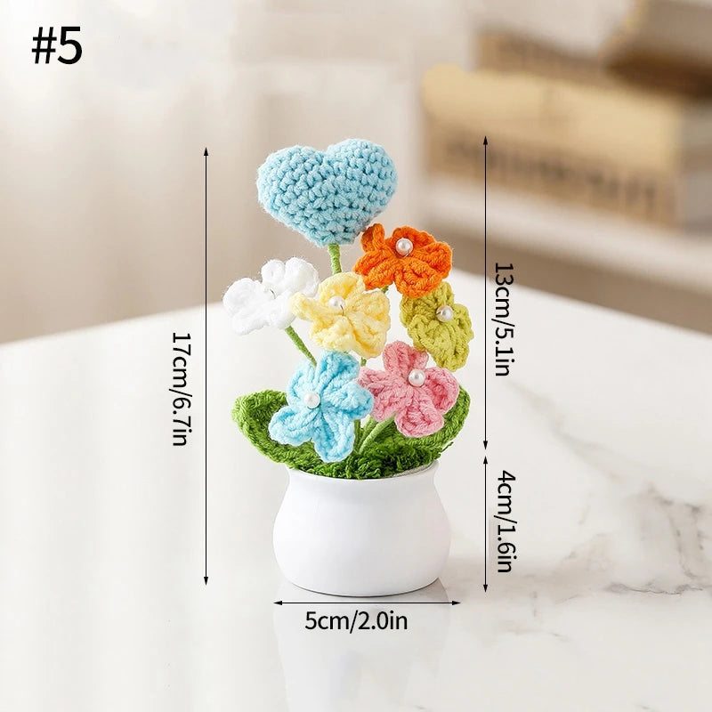 Home Decor Handmade Crochet Potted Plant — Cute Mini Faux Flower for Car, Desk & Office