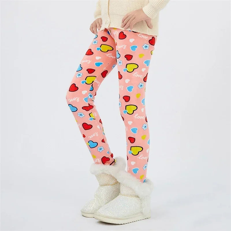 4-13Y Girls’ Warm Velvet Leggings – Printed Thicken Trousers for Autumn & Winter