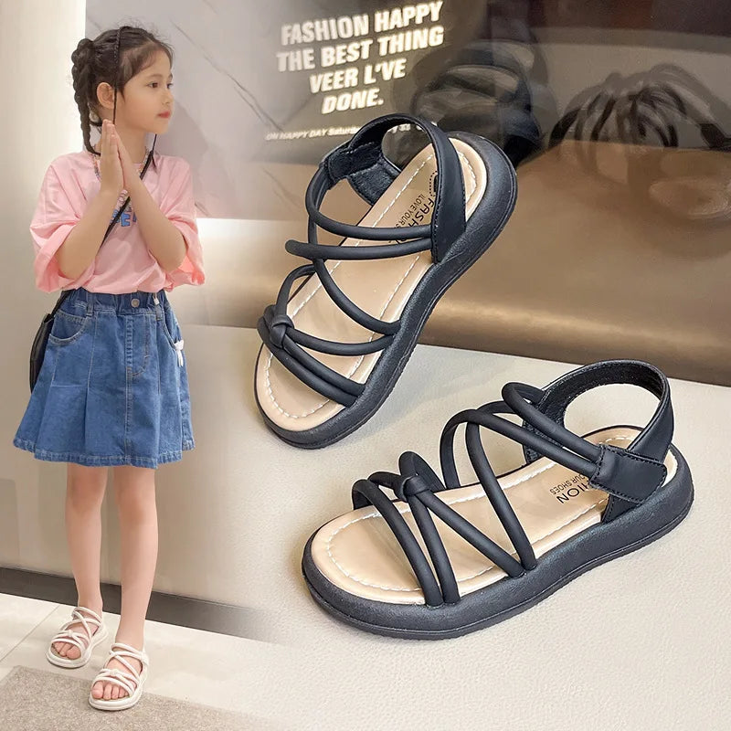 2024 Roman Baby Sandals for Girls – Soft Bottom Flat Princess Summer Beach Shoes (Ages 4–10)