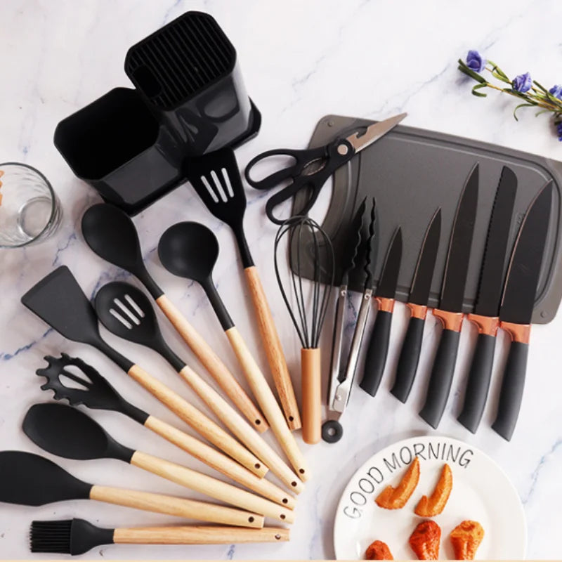 Silicone kitchenware set,19 piece non stick cooking pot with wooden handle spoon,multifunctional integrated knife storage bucket