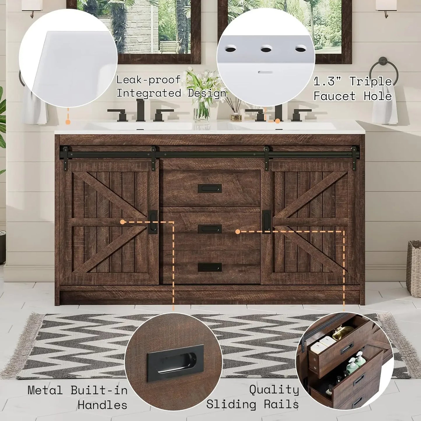 61" Farmhouse Double Bathroom Vanity – Dual Basin Sink Combo with Storage Cabinet