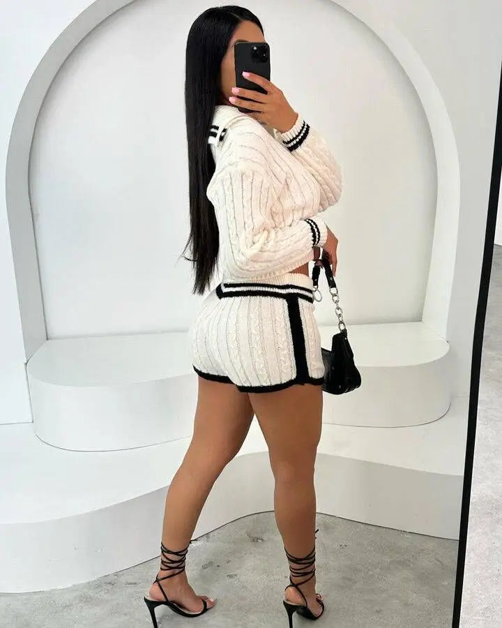 5 Sets Women’s Twist Knitting 2-Piece Set – Zipper Pullover Sweater + Drawstring Shorts
