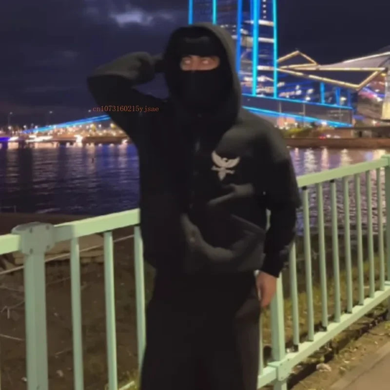 INS New Y2K Ninja Mask Hoodie – Eagle Print Double Hood Streetwear Sweatshirt