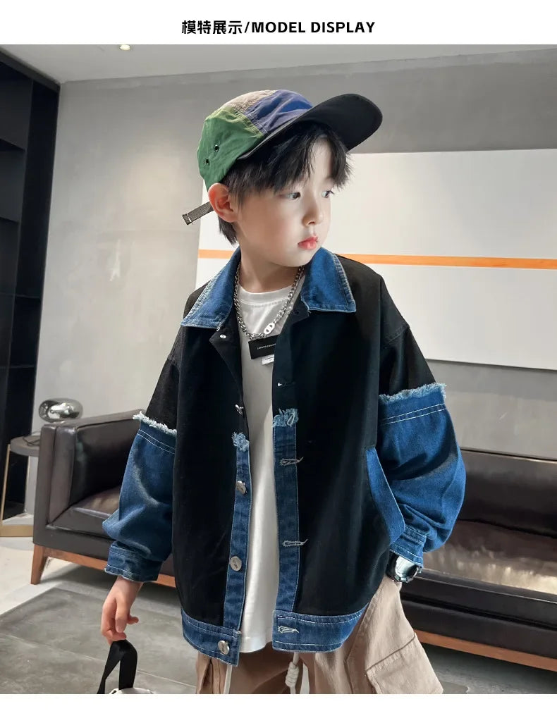 2025 Boys' Jean Coat – Patchwork Windbreaker Jacket for Kids & Teenagers (Ages 3-14)