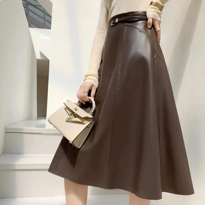 A-Line Sheepskin Leather Midi Skirt – Winter Stylish European Design with Belt