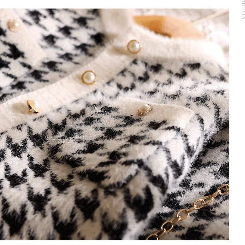 Girls' Autumn Winter Y2K Sweet Houndstooth Cardigan Long Sleeve Kawaii Kids Sweater Fashion Lively Cute Korean Children's Tops