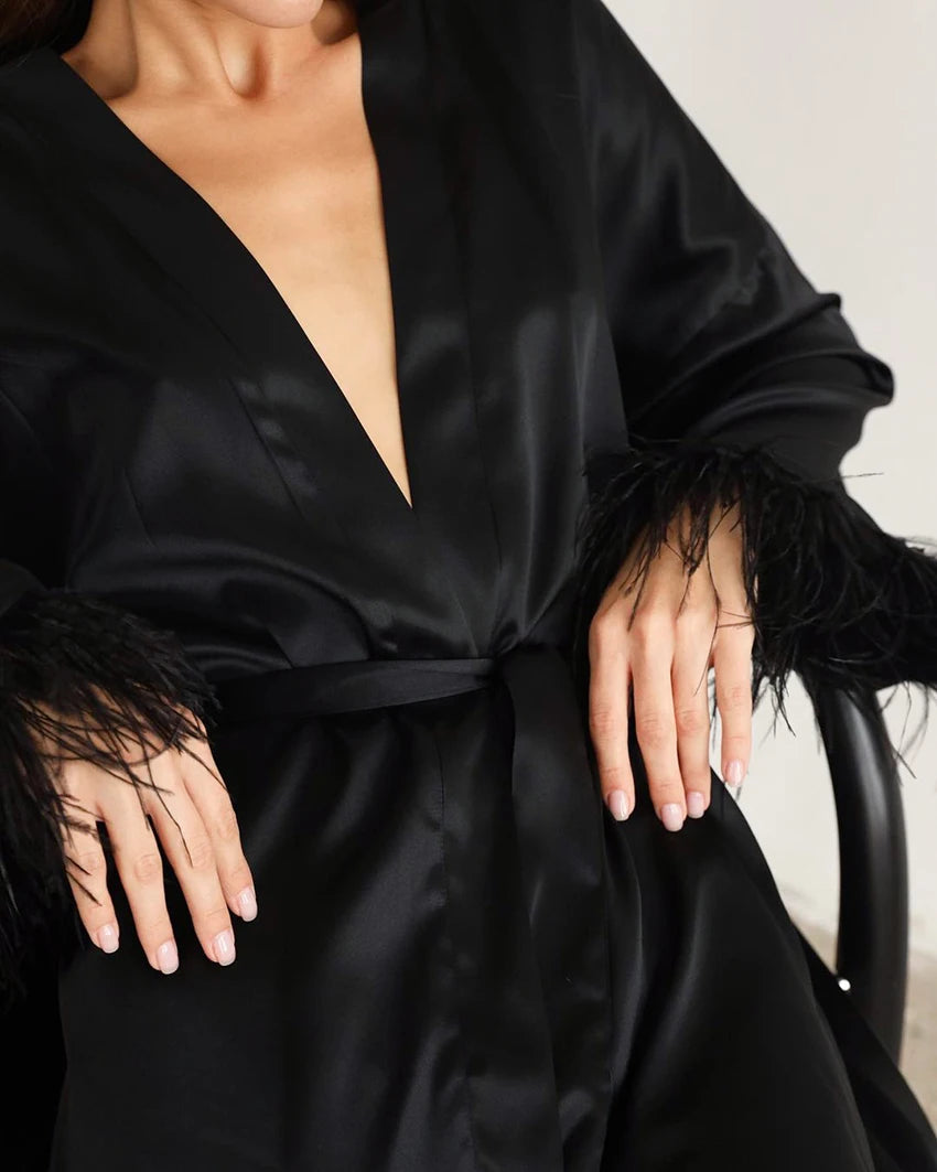 Feather Bathrobes Satin Sexy Mini Dress Long Sleeve Loose Peignoirs For Women Robe White Wedding