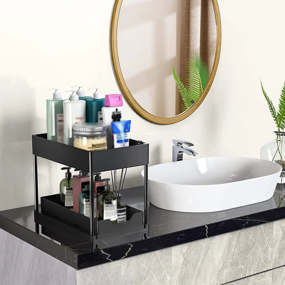 2-Tier Sliding Cabinet Basket Organizer – Under Sink Storage Rack with Hooks & Hanging Cup, Black