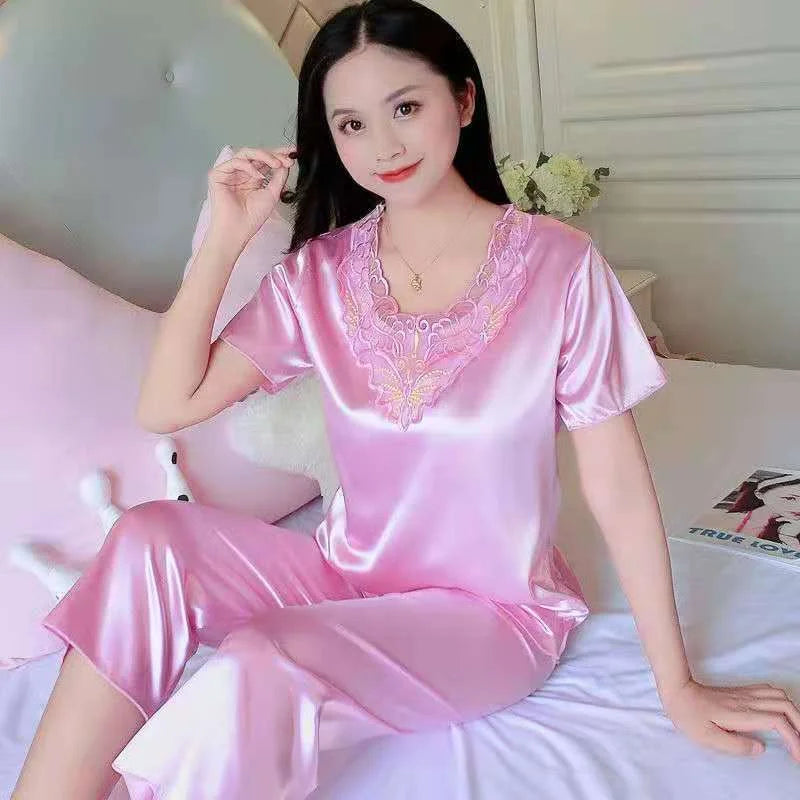 Plus Size 3XL Satin Pajamas Set Women's Pajamas Casual Pants 2 Piece Set Sleepwear Female Home Suit