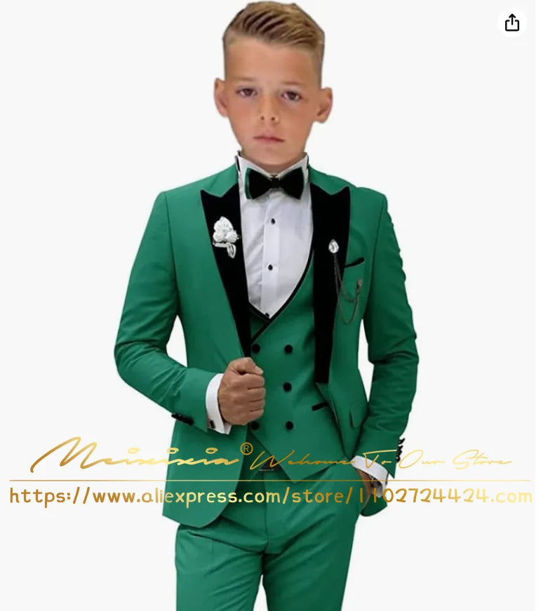 White Boys’ 3-Piece Formal Wedding Tuxedo Suit – Jacket, Vest & Pants Set (Ages 2–16, Custom Sizes Available)