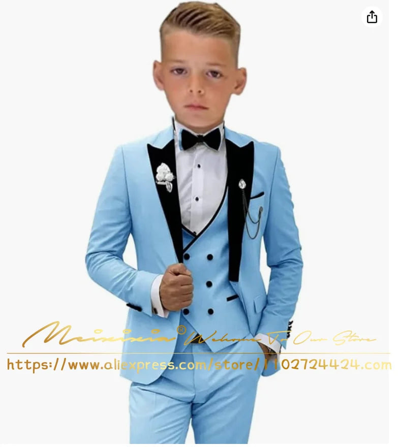 White Boys’ 3-Piece Formal Wedding Tuxedo Suit – Jacket, Vest & Pants Set (Ages 2–16, Custom Sizes Available)