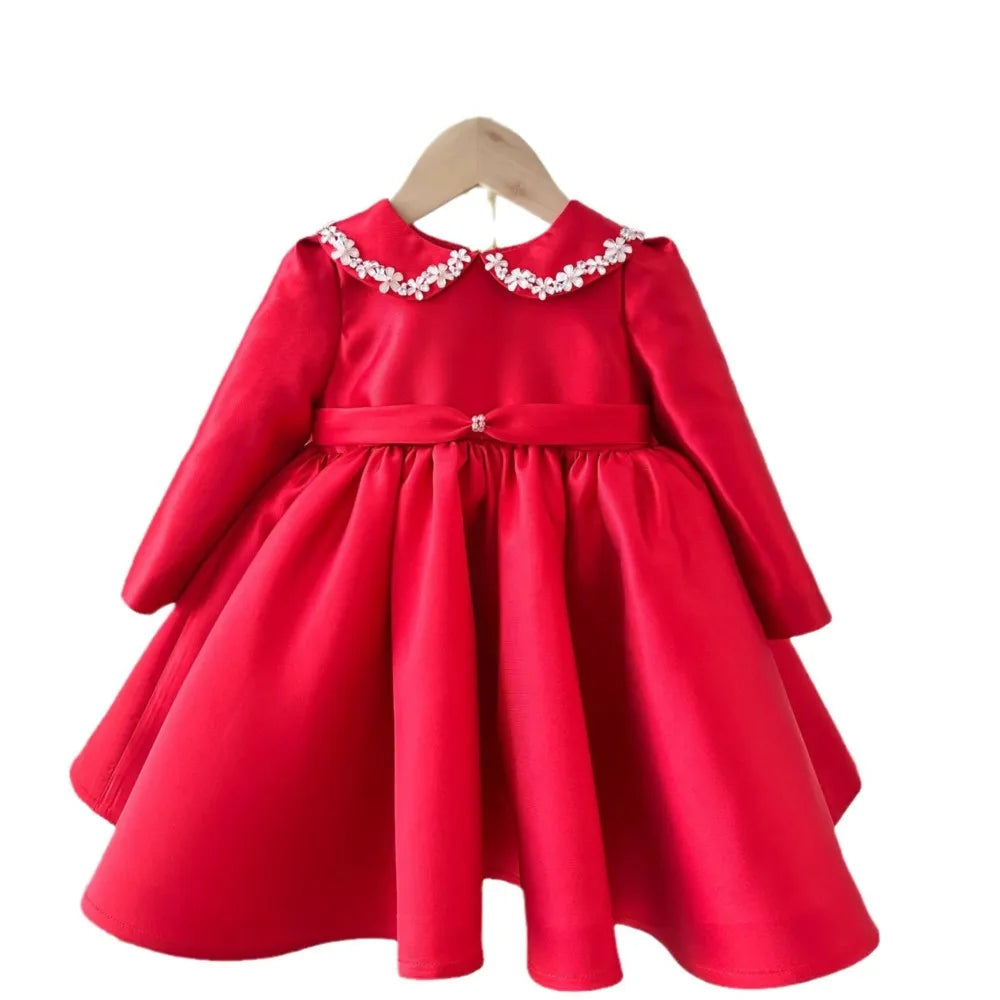 Red Long-Sleeved Satin Princess Dress for Girls – Birthday & Wedding Formal