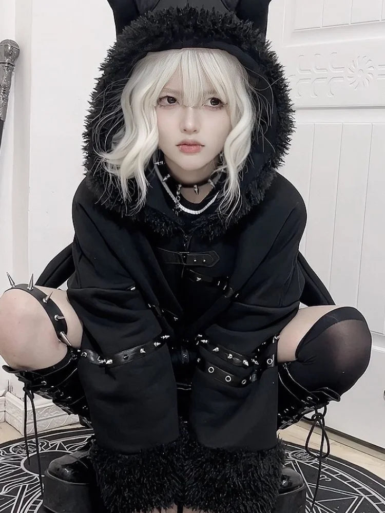 Vintage Gothic Rivet Patchwork Jacket – Women's Punk Grunge Demon Wing Hoodie Coat