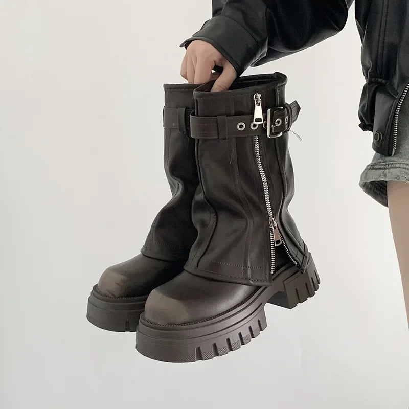 Women's Biker Boots — Belt-Buckle Platform Ankle Booties with Plush Winter Lining — view 10 of boots