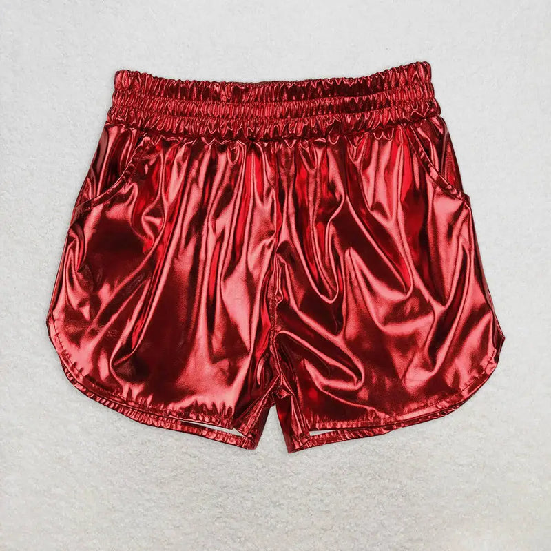 Baby Girls Red Metallic Shorts - Faux-Leather Statement Shorts with Pockets — view 1 of baby bottoms