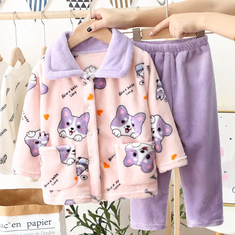 Kids Boys Girls Autumn Winter Flannel Pajama Sets Cute Cartoon Long Sleeve Lapel Tops with Pants Baby Sleepwear Clothing 1-12Y