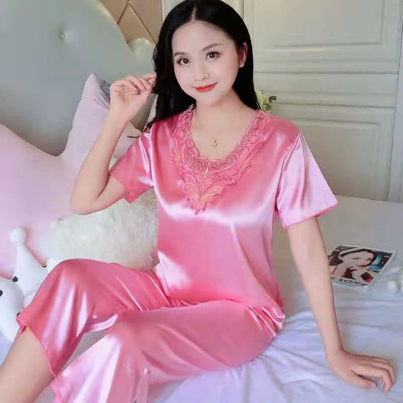 Plus Size 3XL Satin Pajamas Set Women's Pajamas Casual Pants 2 Piece Set Sleepwear Female Home Suit