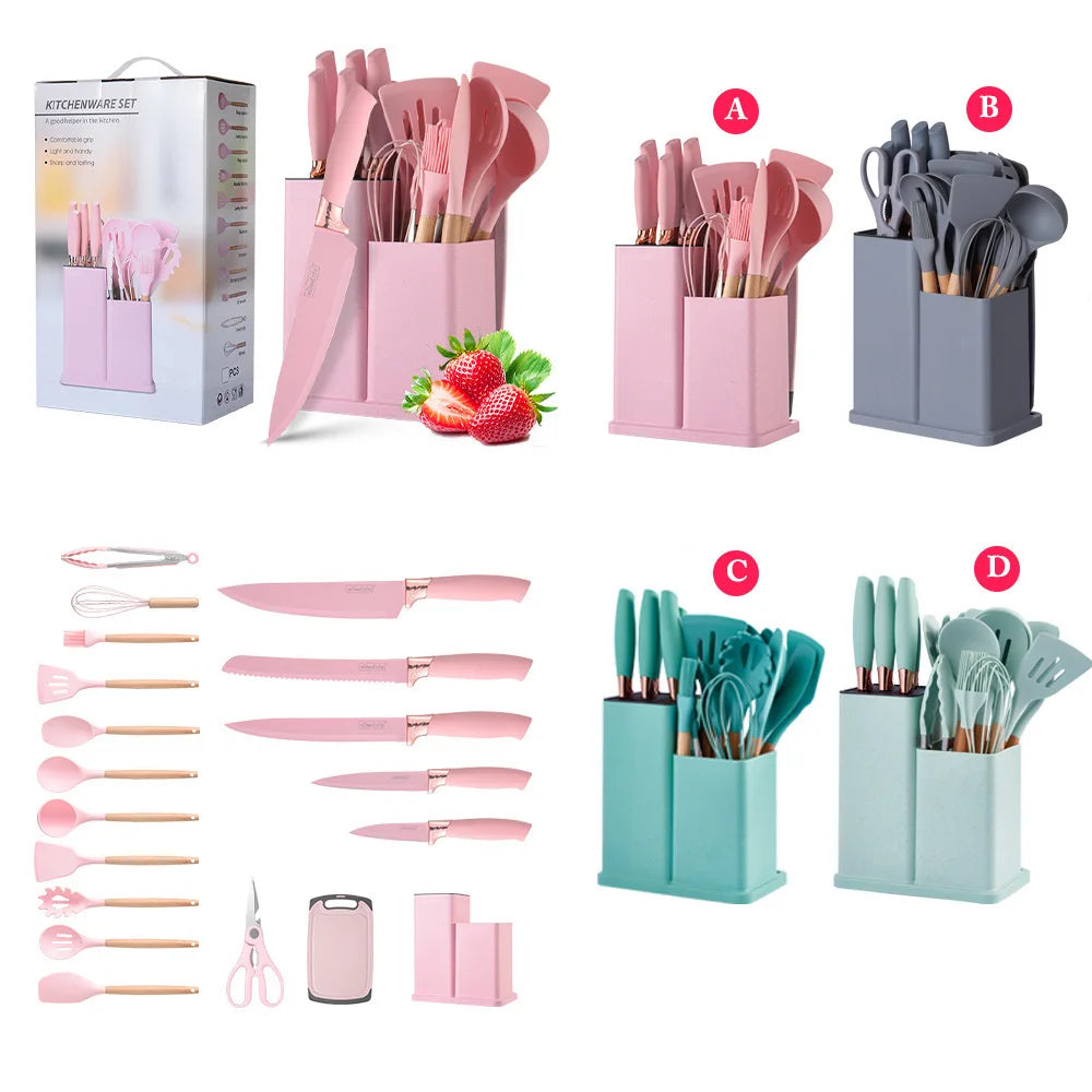 Silicone Kitchenware Set of 19 Kitchenware Tools Storage Barrel Stainless Steel Handle Knife Set Kitchen Knife Set