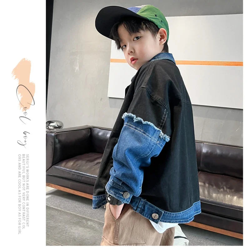 2025 Boys' Jean Coat – Patchwork Windbreaker Jacket for Kids & Teenagers (Ages 3-14)