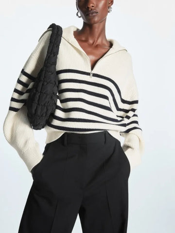 Women's Turtleneck Loose Lapel Striped Knitwear Women Pulovers New Simplicity Half Zipper 2023 — view 1 of women's clothing