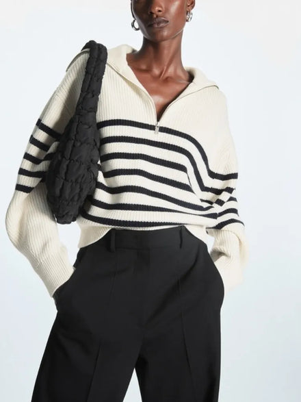 Women's Turtleneck Loose Lapel Striped Knitwear Women Pulovers New Simplicity Half Zipper 2023 — view 1 of women's clothing