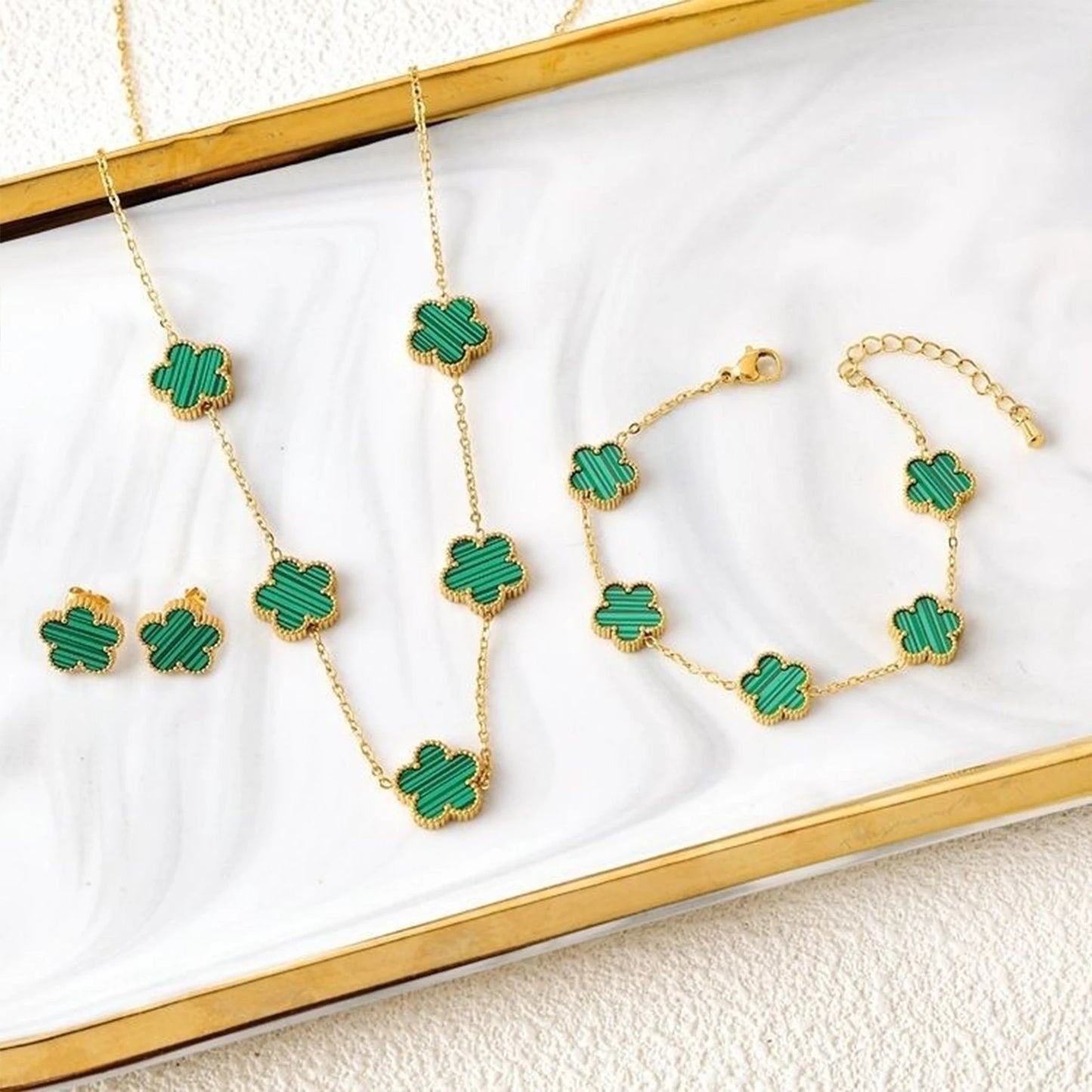 3-Piece 18K Gold-Plated Five-Leaf Flower Jewelry Set Necklace Earrings & Bracelet Clover Pendant Set