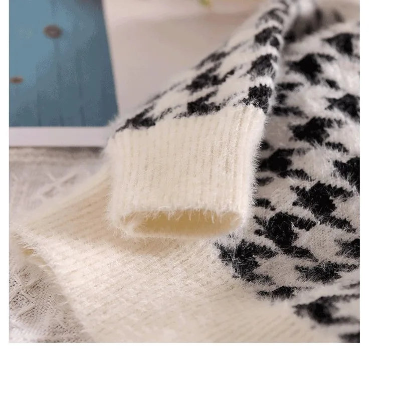 Girls' Autumn Winter Y2K Sweet Houndstooth Cardigan Long Sleeve Kawaii Kids Sweater Fashion Lively Cute Korean Children's Tops