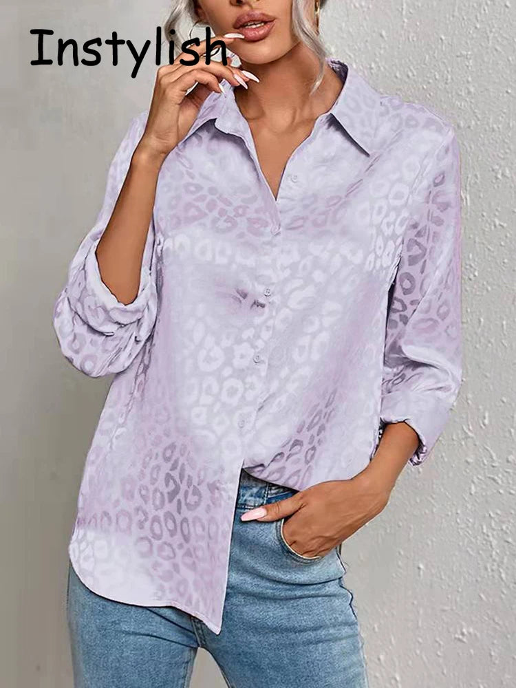 Women Leopard Print Luxury Blouse Spring Summer Long Sleeve Lapen Vintage Button Up Shirt Office Lady Satin Tunics Harajuku Top
