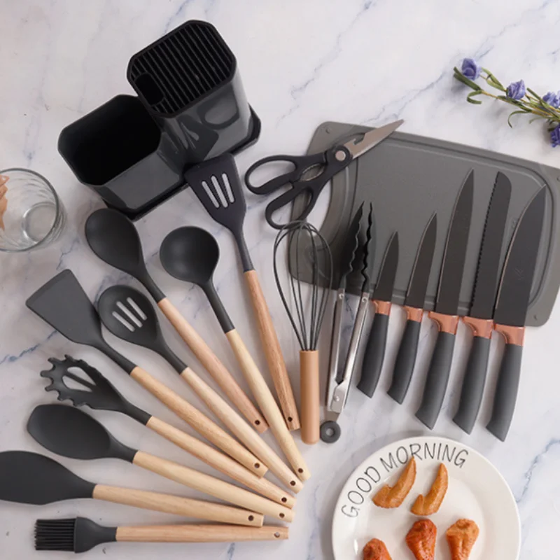 Silicone kitchenware set,19 piece non stick cooking pot with wooden handle spoon,multifunctional integrated knife storage bucket