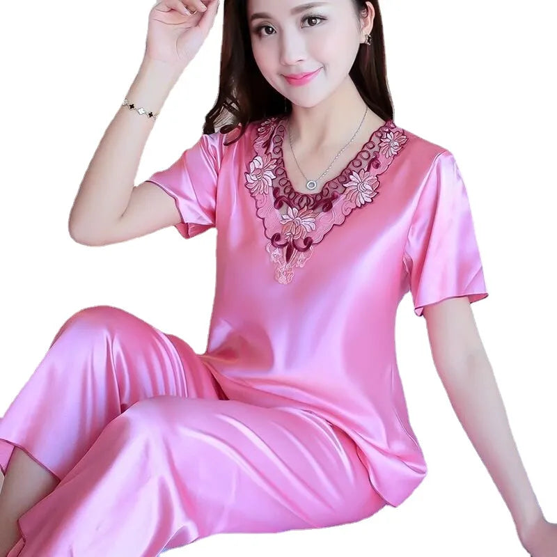 Plus Size 3XL Satin Pajamas Set Women's Pajamas Casual Pants 2 Piece Set Sleepwear Female Home Suit