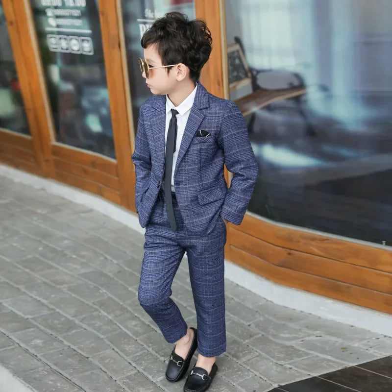 Kids’ Plaid Blazer & Pants Set – Boys’ Casual 2-Piece Suit for Spring & Autumn (Ages 3–11 Years)