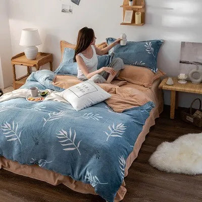 Coral Fleece Four-Piece Set Winter Thicken Thermal Double-Sided Flannel Bed Sheet Leopard Quilt Cover Milk Fiber Bedding
