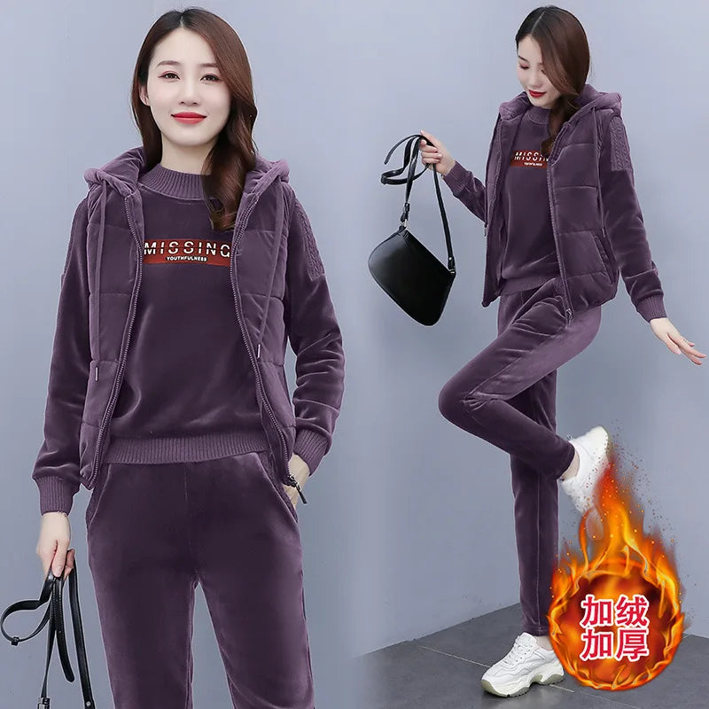 Women's Thick Velour Sportswear Tracksuit (3-Piece Set)