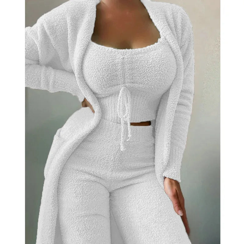 Autumn Winter New Velvet Pajamas 3 Pieces Sets For Womens Warm Soft Fleece Pyjamas Nightgown Sleepwear Homewear