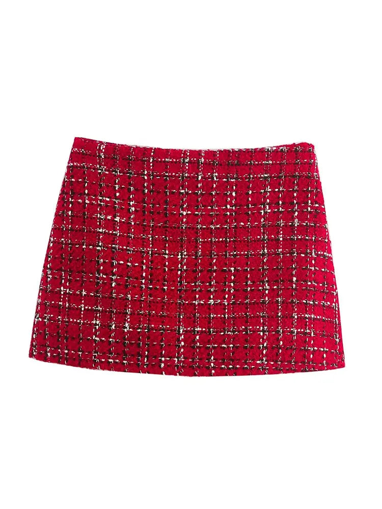 TRAFZA Women’s Red Knit Skirt Suit – Textured Lapel Jacket & High-Waist Side-Zip Culottes Set