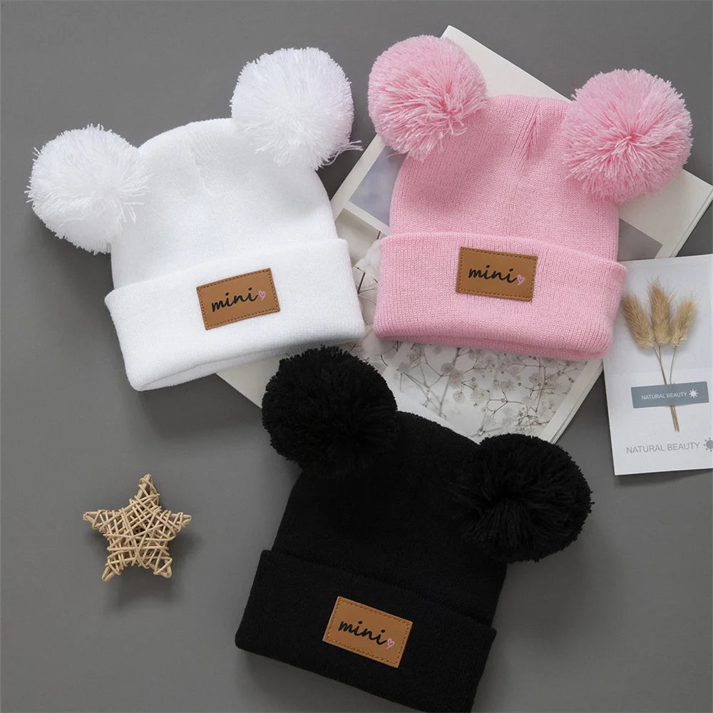 3pcs Infant Knit Beanie Bundle - Heart-Pompom Stretchy Caps in Mixed Colors — view 6 of baby hats