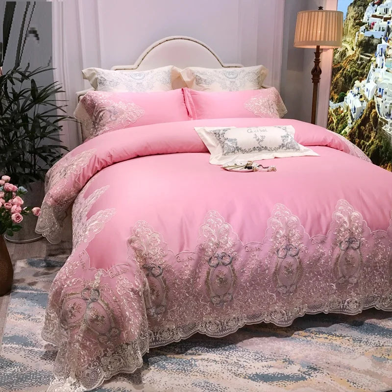 High Precision Brocade Cotton Luxury Princess Wedding lace Bedding Set Bed Sheets High-end Duvet Cover Set for Wedding Gift