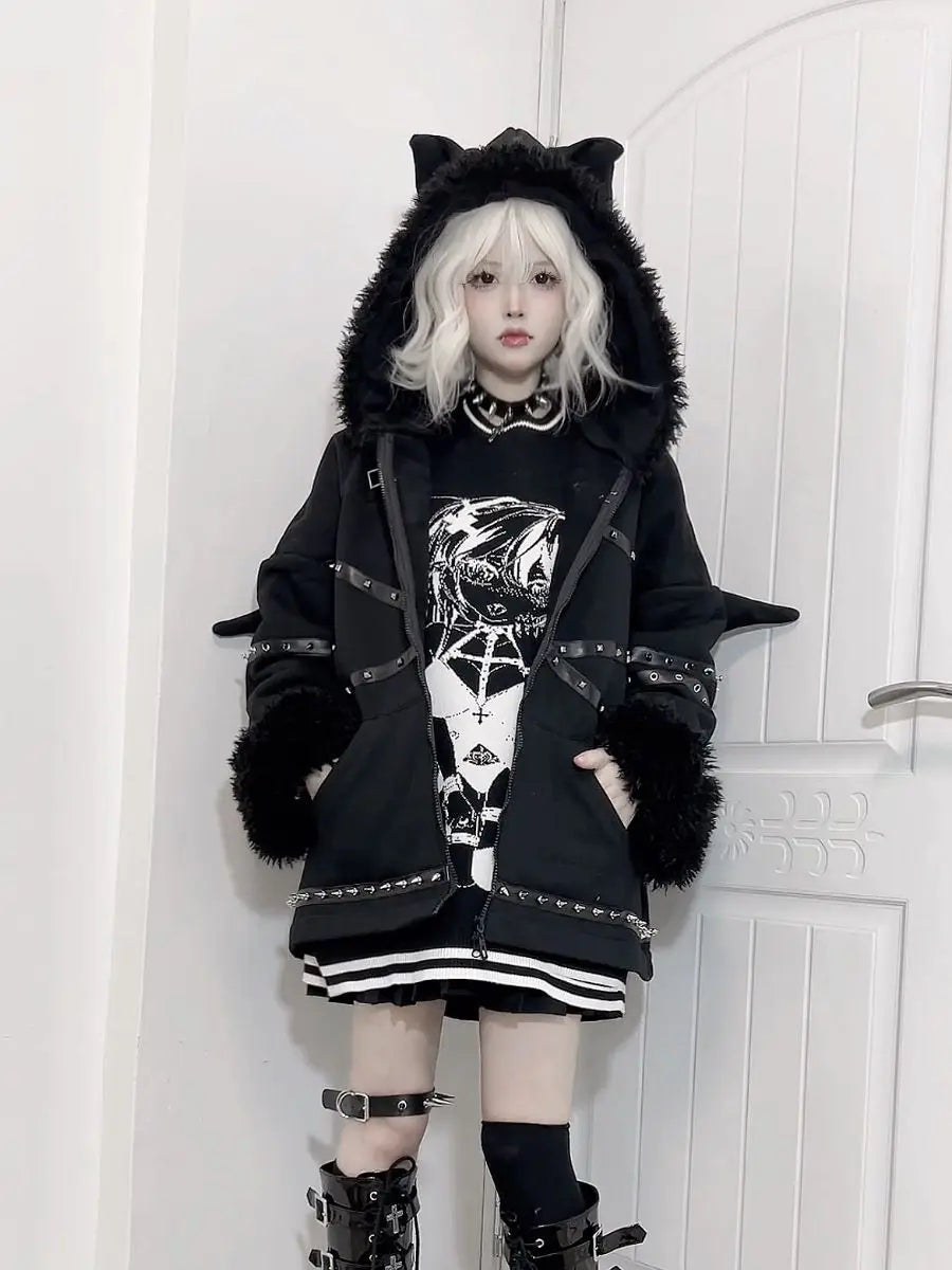 Vintage Gothic Rivet Patchwork Jacket – Women's Punk Grunge Demon Wing Hoodie Coat